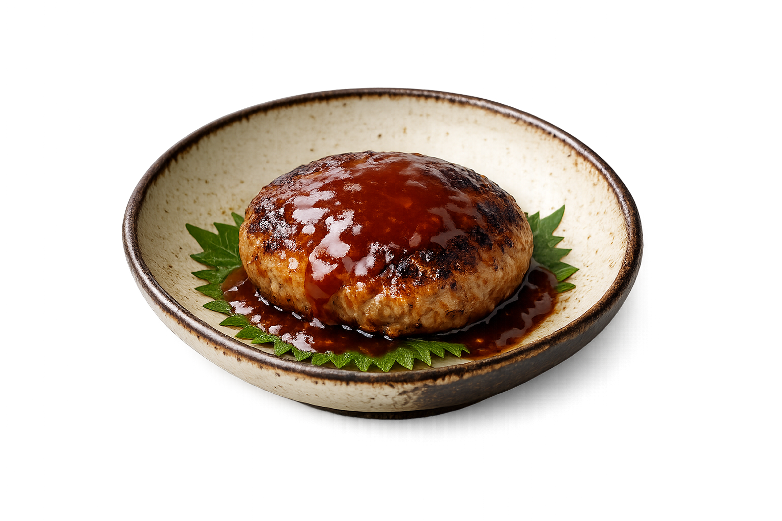 Hanbagu — Juicy beef-and-pork patties on shiso with a ketchup-Worcestershire sauce