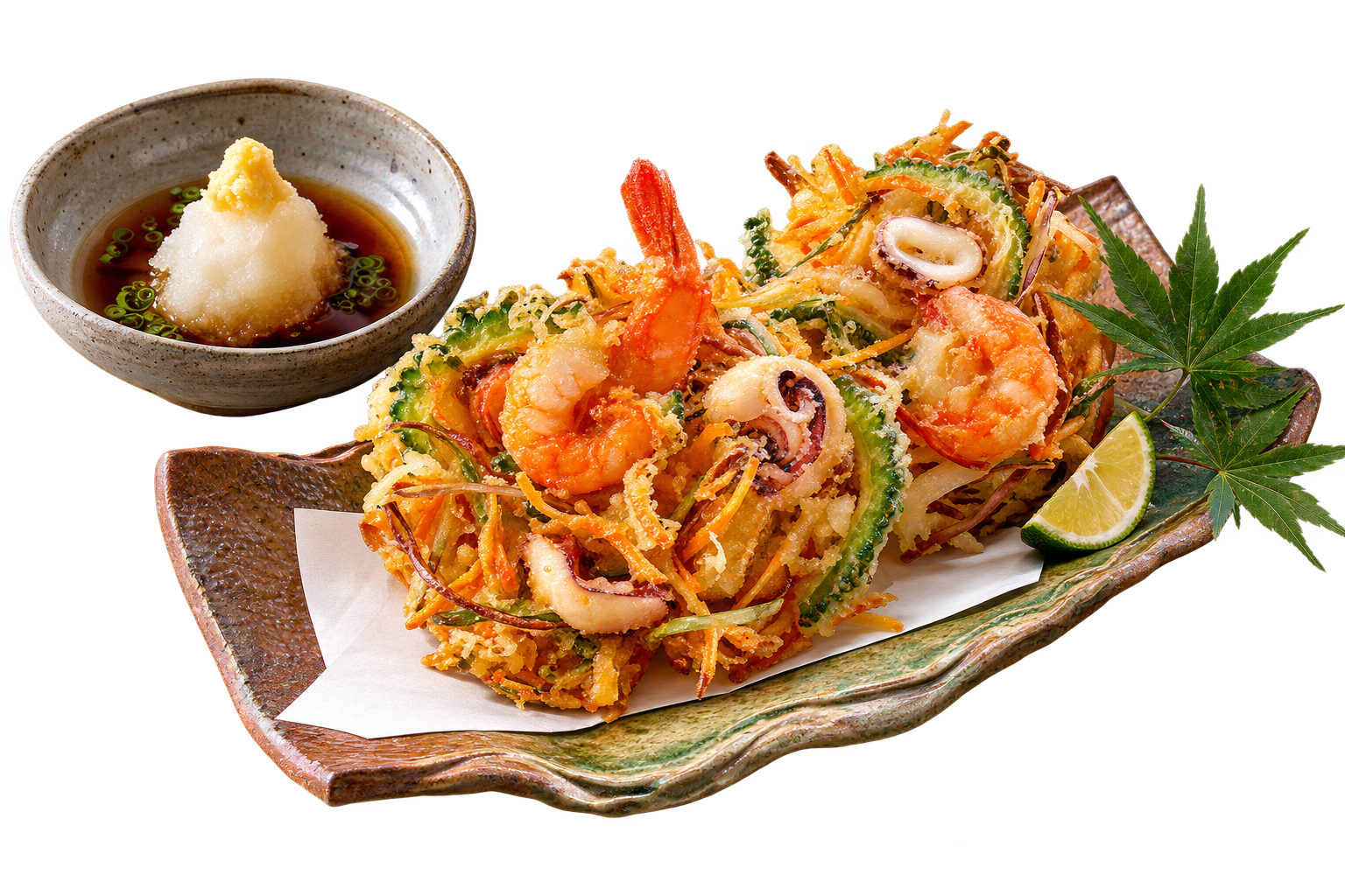 Kakiage — Crisp tempura fritters of finely cut vegetables, shrimp and squid