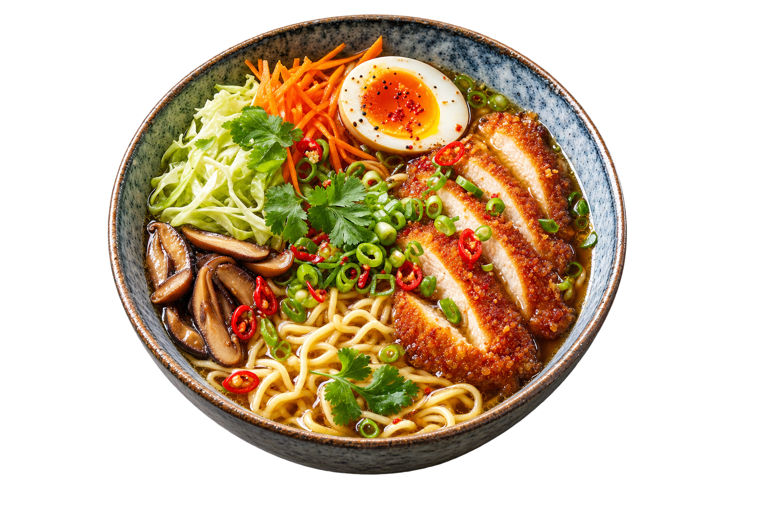 Ramen — Noodle soup with hot broth, crisp chicken, egg and plenty of vegetables