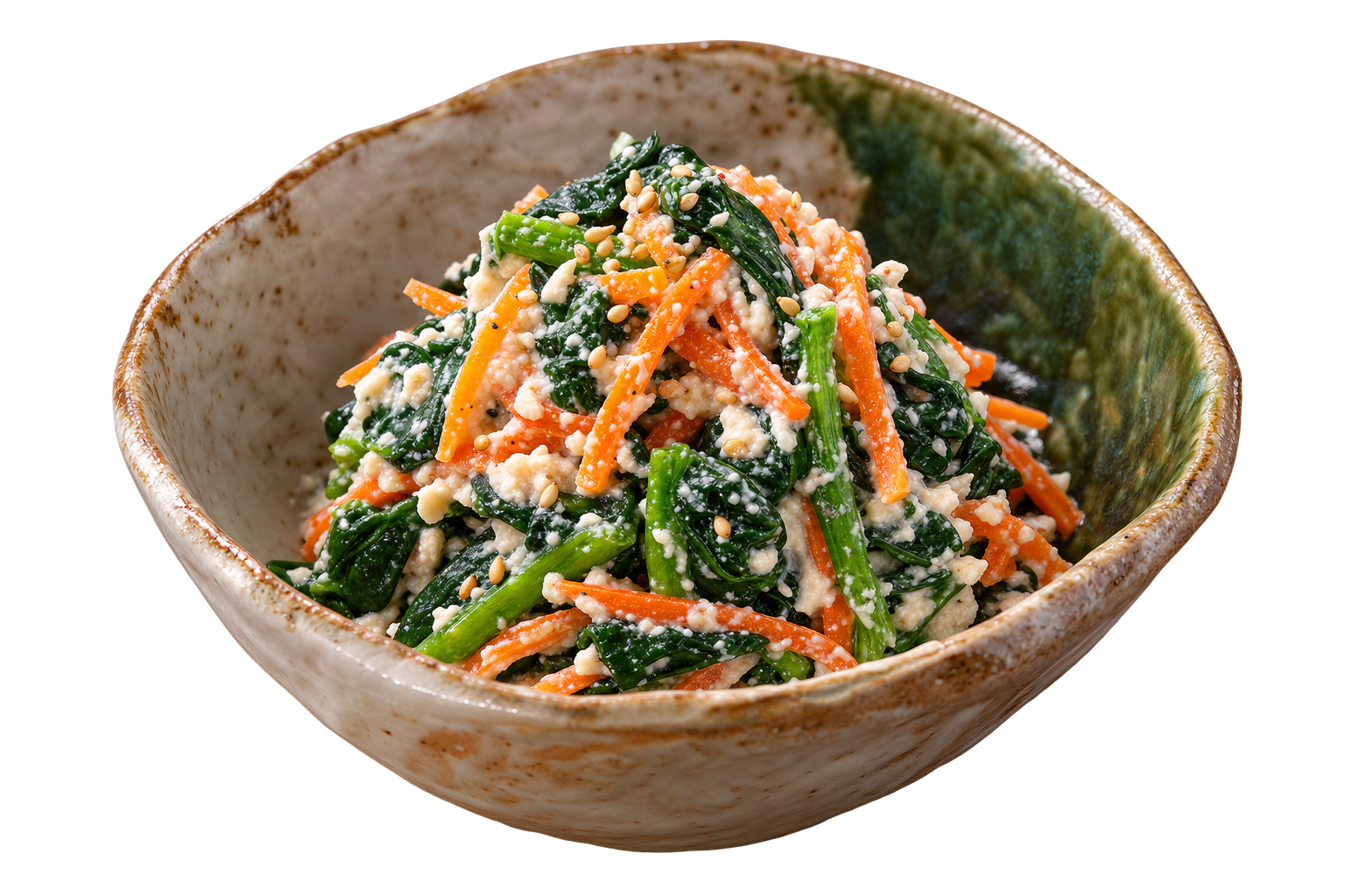 Shiraae — Blanched spinach and carrot folded into a creamy sesame-tofu dressing