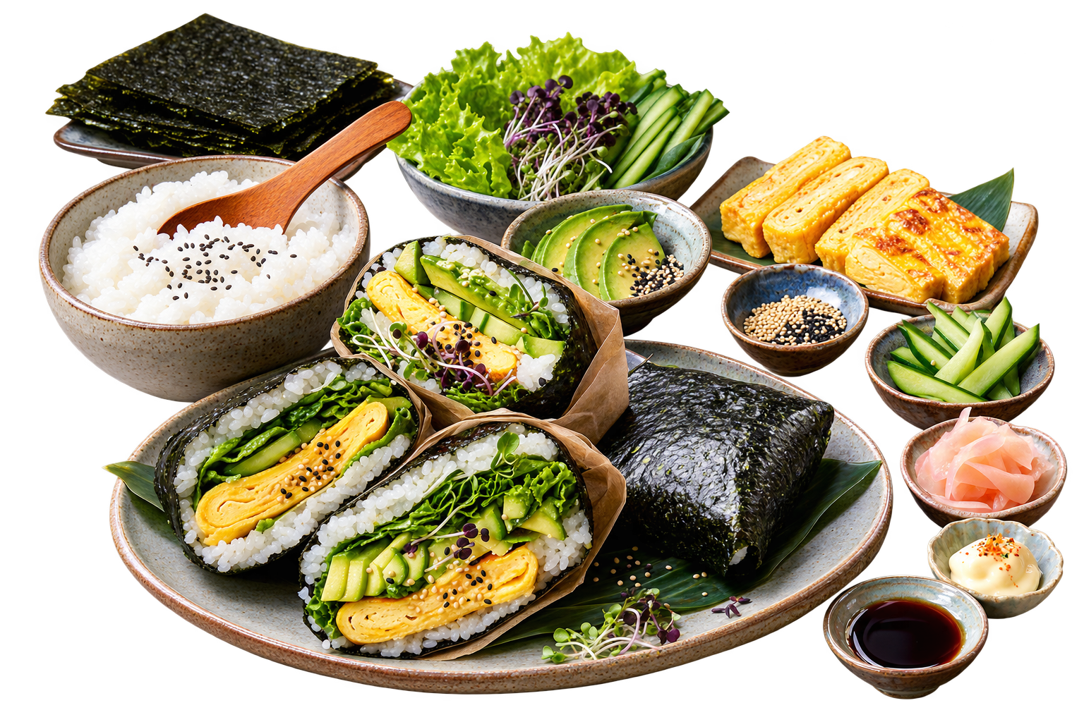 Temaki Sandwich — Hand-rolled nori parcels with sushi rice, cucumber, avocado and egg
