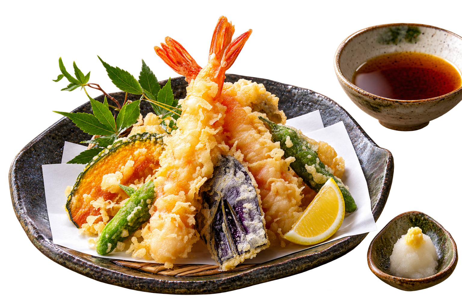 Tempura Moriawase — Vegetables and shrimp in a thin, crisp coating with warm dashi dipping sauce