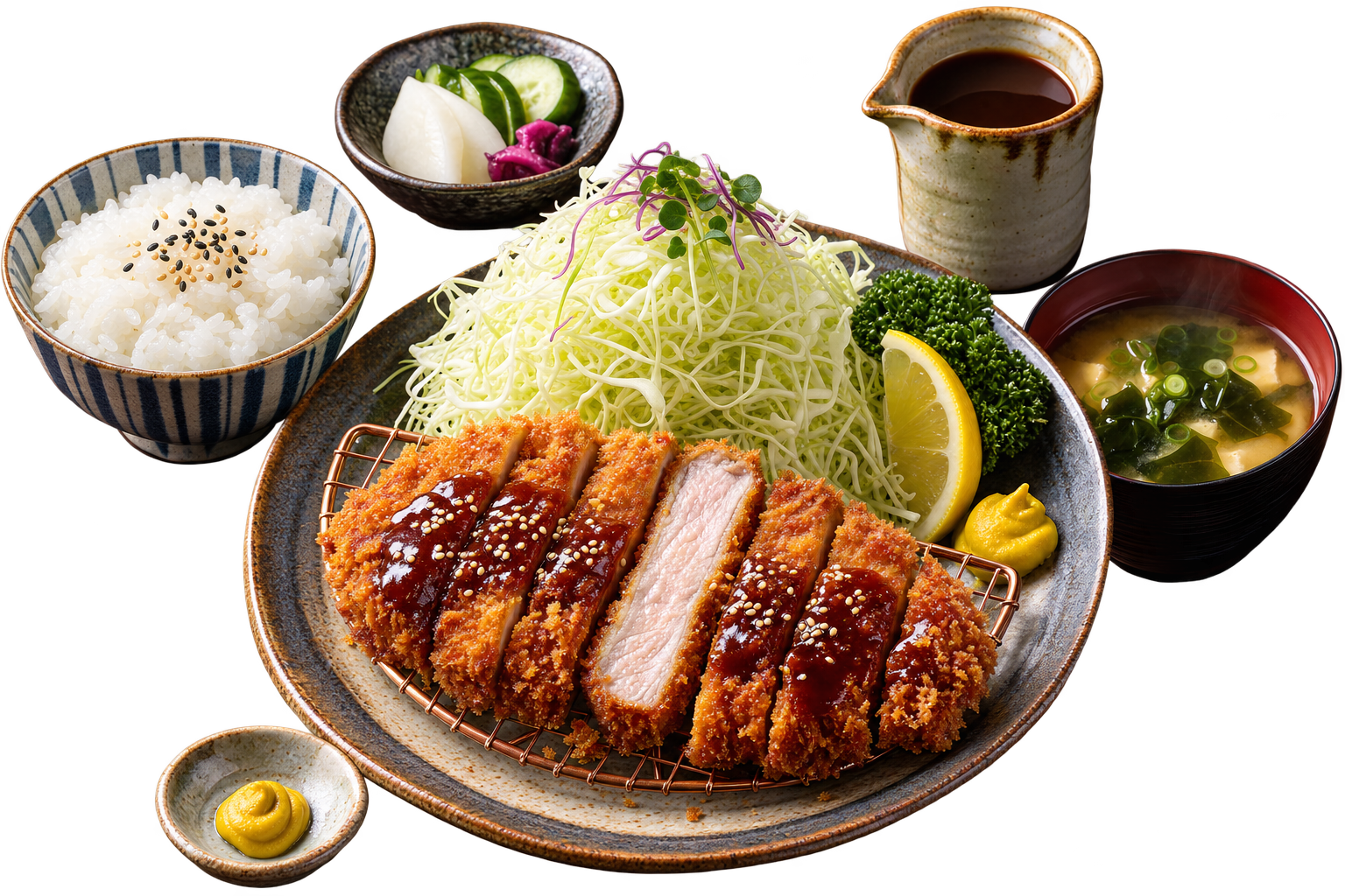 Tonkatsu — Pork cutlets in a crisp panko crust, with raw cabbage and a dark, tangy sauce