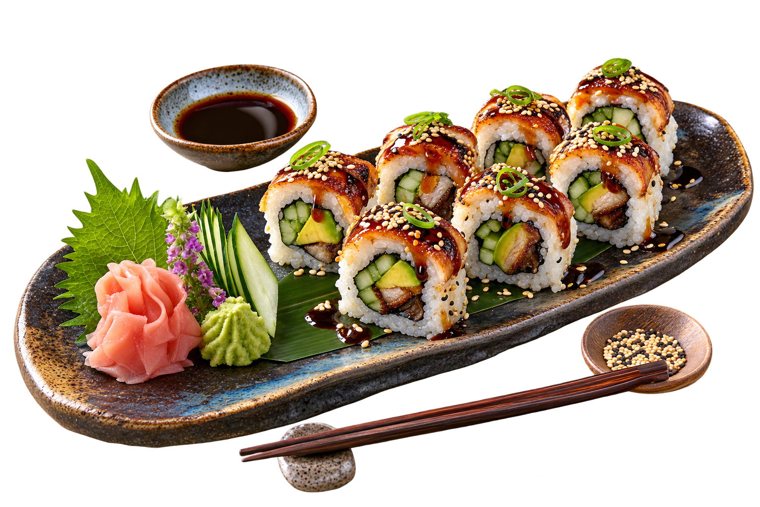 Unagi Maki — Maki rolls with grilled eel, avocado and cucumber, glazed with unagi sauce