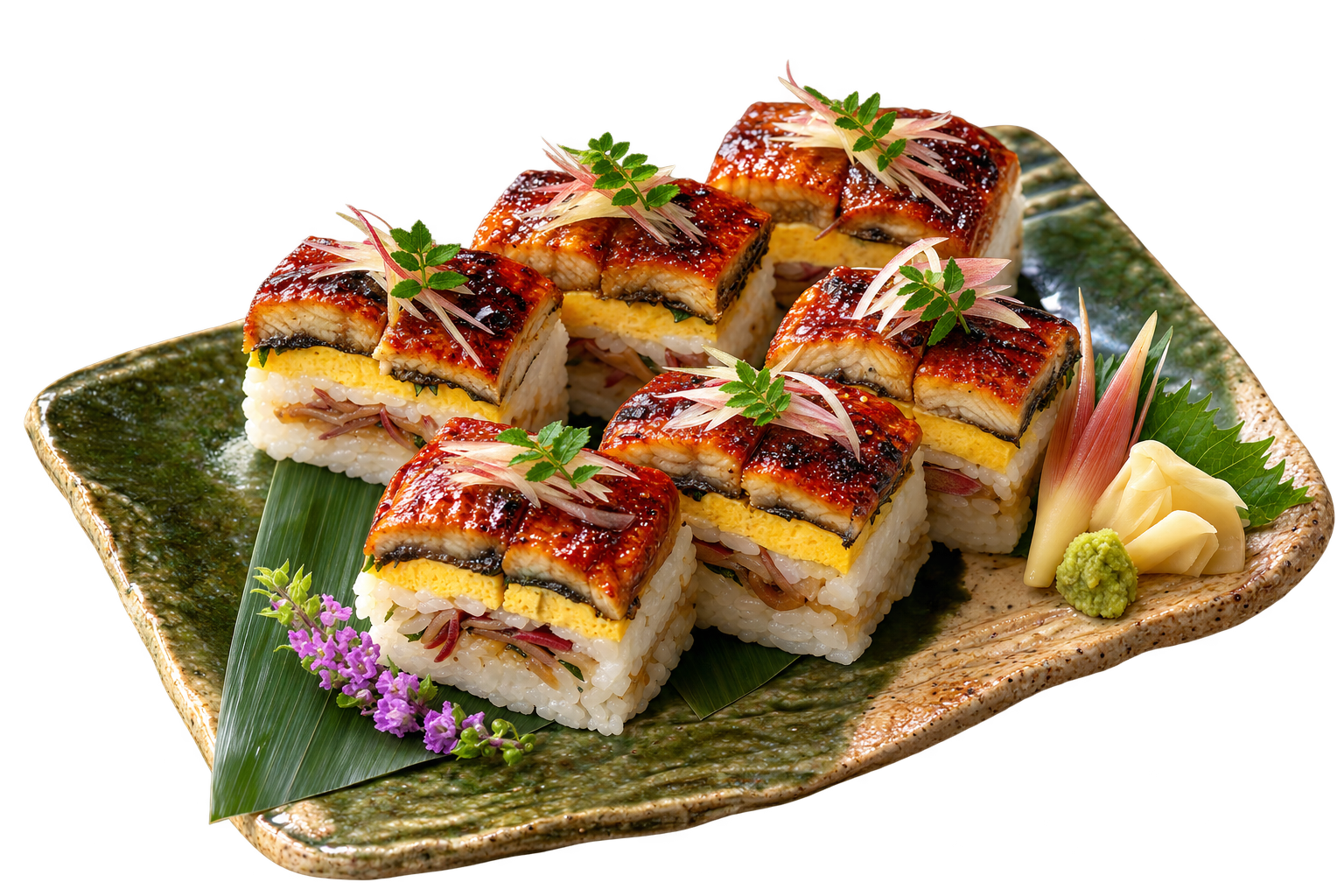 Unagi no Oshizushi — Osaka-style pressed sushi with grilled eel, egg and myoga